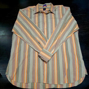 GAP Men’s Shirt 18-18.5 XXL Fitted Premium Orange Burgundy Green Striped